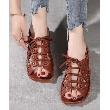 2021 Chocolate Lace Up Flat Sandals Cowhide Leather