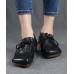 Simple Lace Up Flat Feet Shoes Black Cowhide Leather Hollow Out Penny Loafers