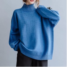 Aesthetic blue knitted pullover high neck plus size clothing fall knit sweat tops