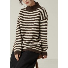 Pullover fall brown striped knit tops Loose fitting high neck knitted pullover