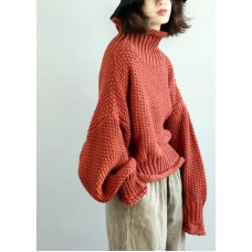 Comfy  red knit tops fall fashion high neck lantern sleeve top