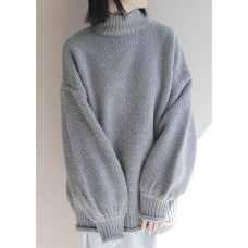 For Work gray knitwear plus size clothing high neck lantern sleeve knitted t shirt