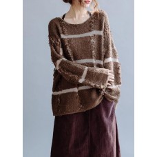 Pullover fall chocolate striped knit sweat tops o neck Sweater Blouse