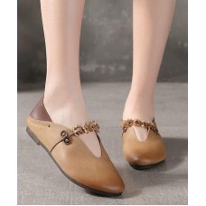 Khaki Flat Feet Shoes Cowhide Leather Boho Splicing Flat Shoes For Women