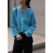Aesthetic blue Sweater Blouse hooded drawstring casual knitwear