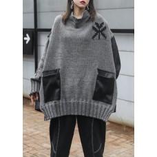 Comfy gray clothes o neck patchwork oversize fall knitwear